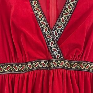 VINTAGE “Raymodes NYC” metallic Trim Red poly maxi day/evening Dress